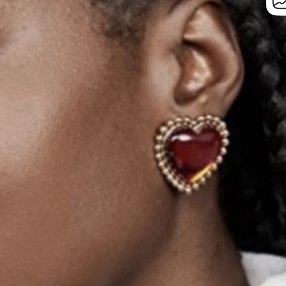 Tory Burch Green and Gold Heart logo stud  Earrings - Picture 4 of 9